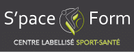 Logo S'pace Form, Centre Labellisé Sport-Santé, avec icône stylisée d'une silhouette sportive en mouvement dans des tons blancs et vert-lime.