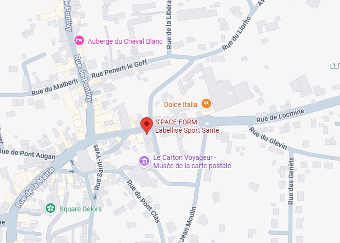 Carte localisant S'PACE FORM - Labellisé Sport Santé près de Dolce Italia, Auberge du Cheval Blanc et diverses rues (Pontivy, Saint-Yves, Locminé).